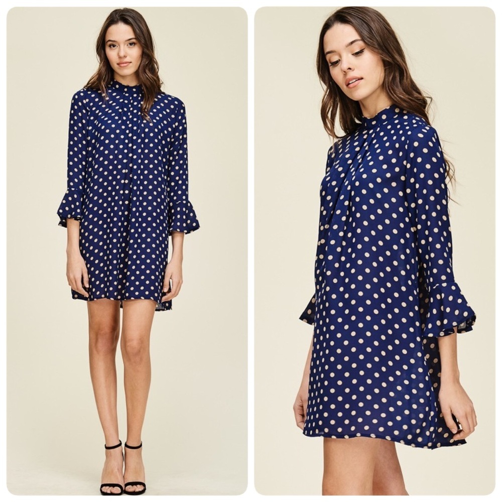 NEW! Navy Blue Polka Dot Bell Sleeve Mini Dress